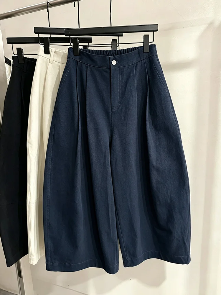 Casual Loose Wide Leg Pants Women's Nine Points Elastic Waist One Button Pleated Slimming plus Size Versatile Autumn New Style