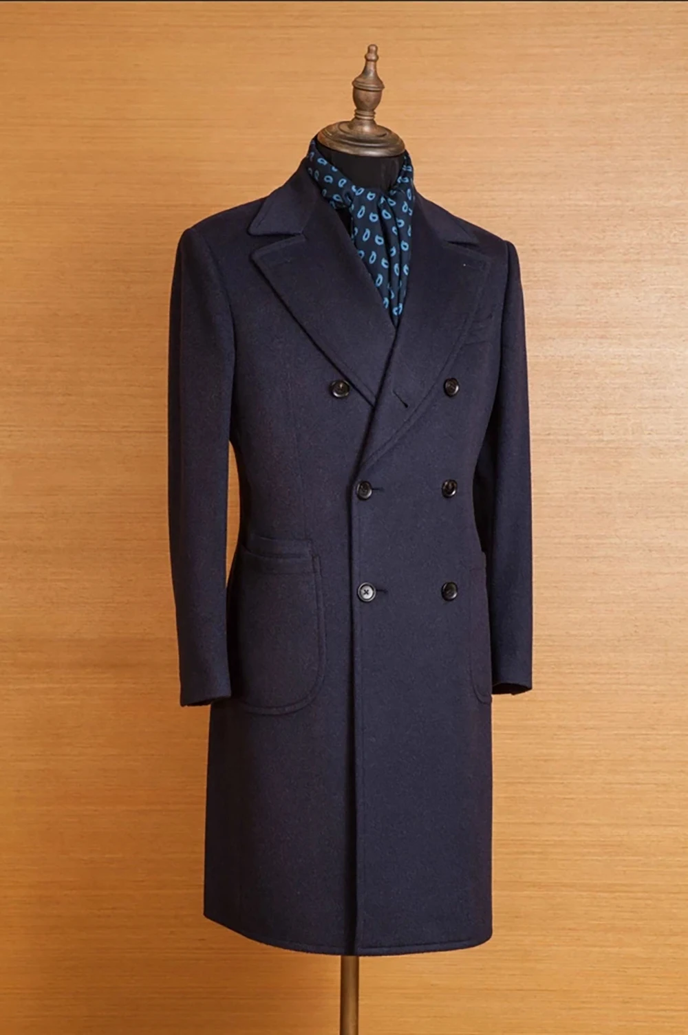 Formal Business Men Long Coat Peaked Lapel Double Breasted Navy Blue Loose Fit One Piece Customized Windproof Jacket