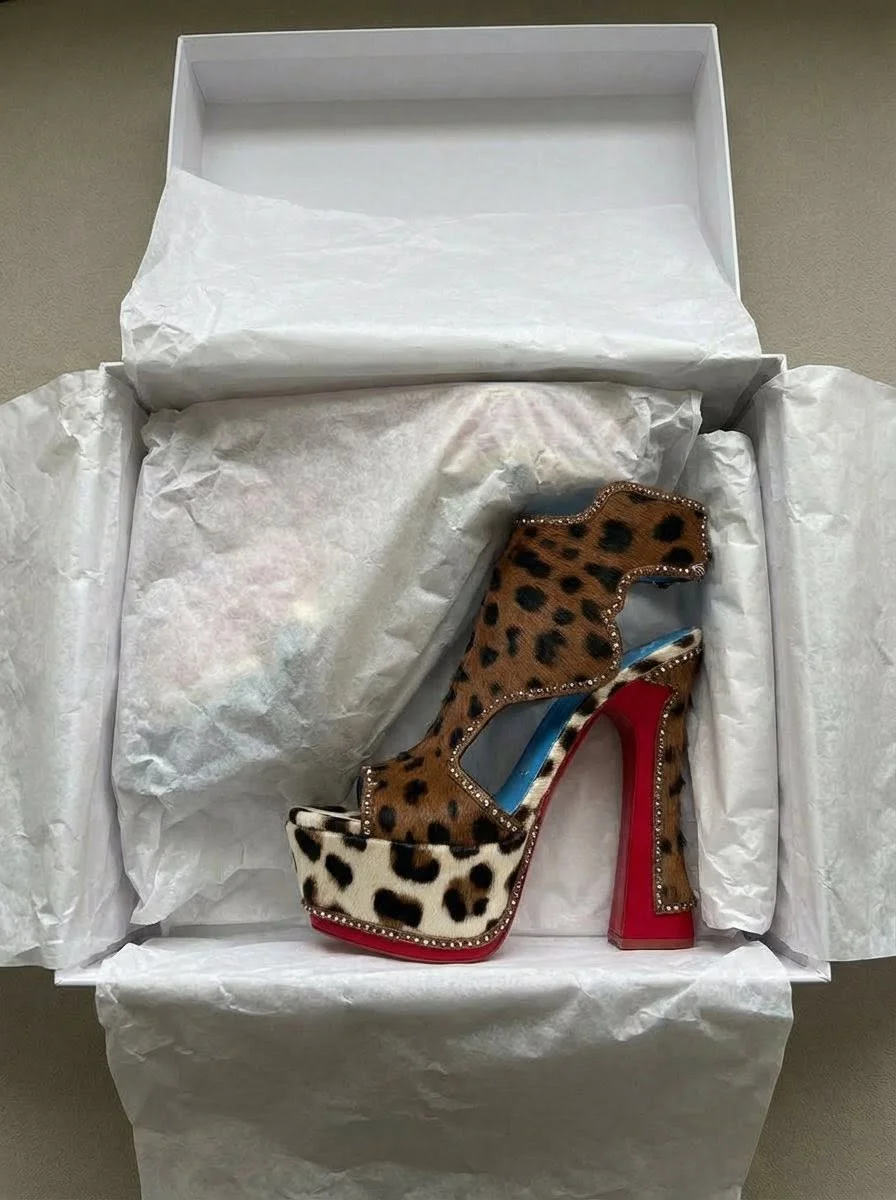 Leopard print suede gladiator sandals Women's chunky heel platform mixed colors lace up sexy plus size 44 45 46 party high heels