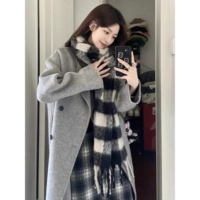 Korean Ladies Thickening Woolen Outwear 2024 Women Medium Long Styles Top Advanced Feeling Female Long Sleeves Wool Blend Jacket