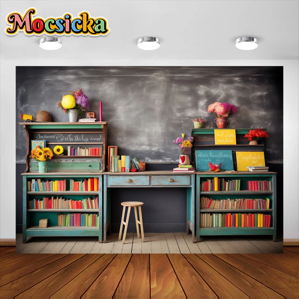 Mocsicka Back To School Photography Background World Globe Bookshelf Kids Birthday Party Backdrops Decor Studio Props Banner