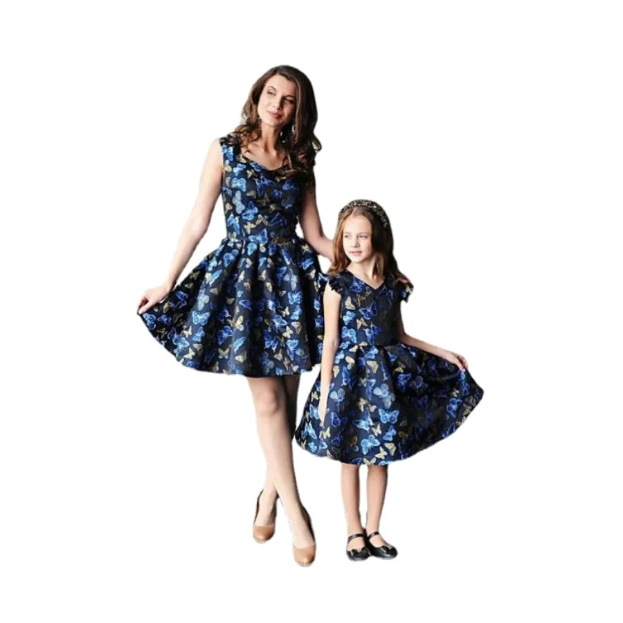 

Summer Cotton Polyester Ruffle Sleeveless Butterfly Printed Dress Mother and Daughter Matching Clothing V-neck A-line Skirt NO36