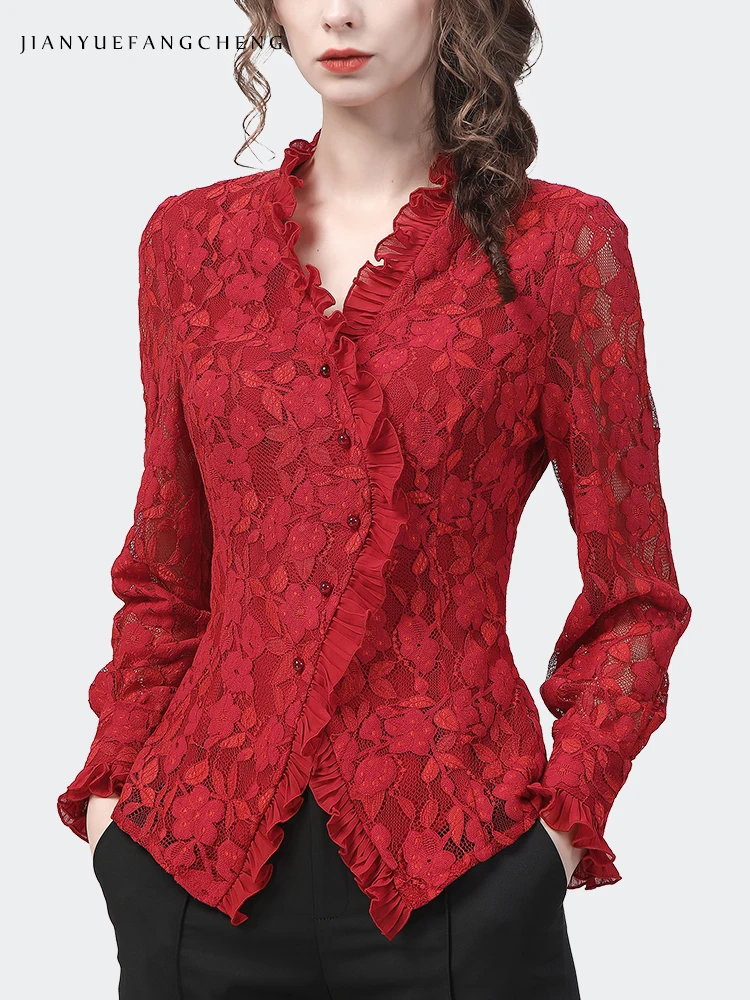 Womens Long Sleeve V-neck Embroidered Floral Red Lace Shirt 2024 Spring Summer Tops Vintage Slim Hollow Out Ladies Blouses