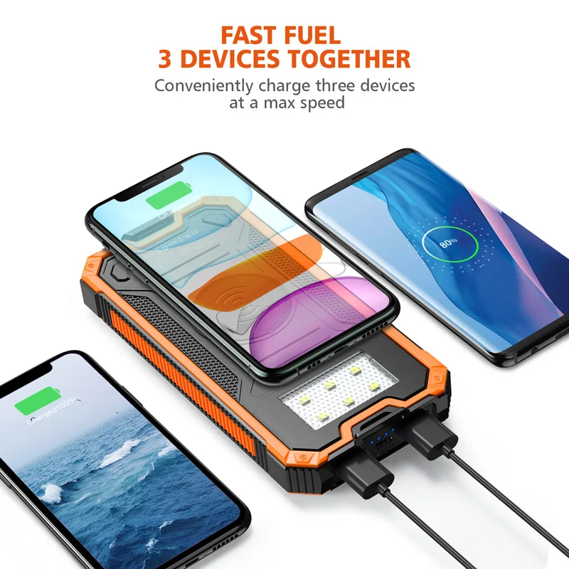 Solar Power Bank 20000mAh Waterproof Wireless Charger Powerbank For iPhone 16 15 Samsung S24 Xiaomi Poverbank with Camping Light