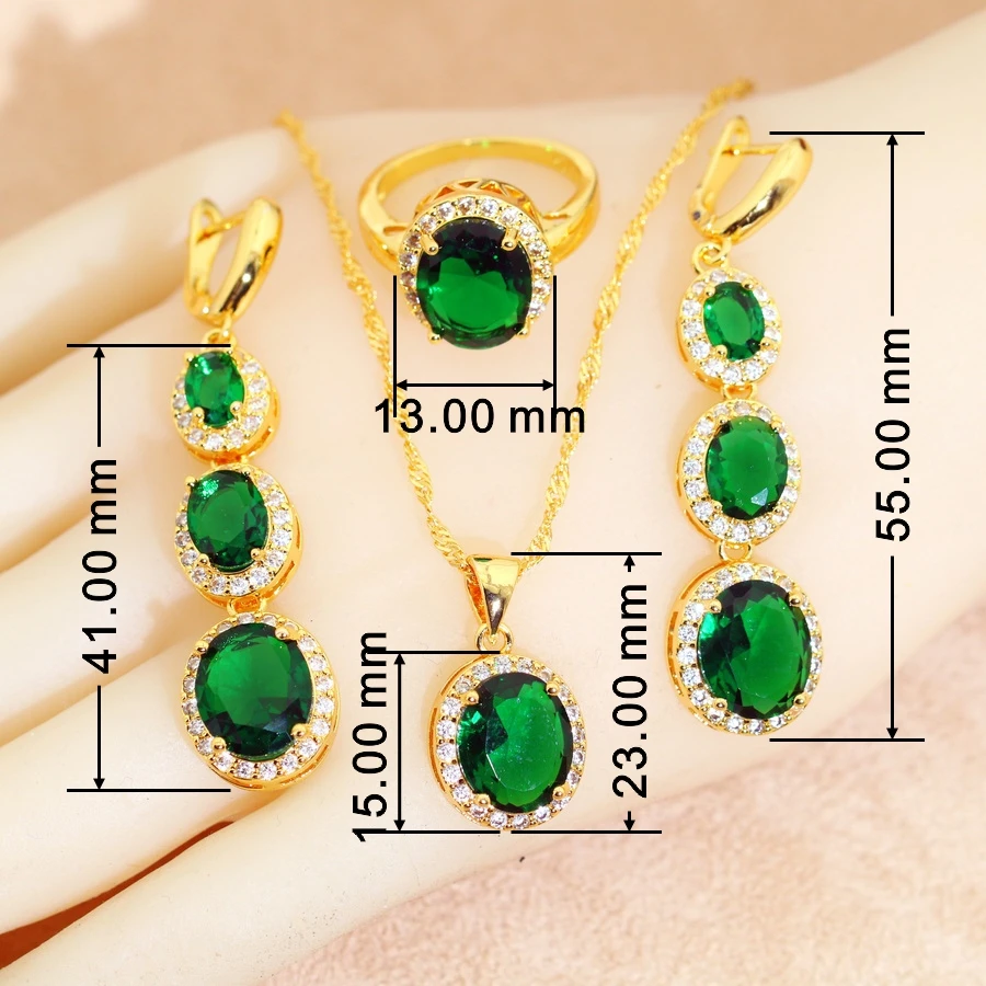 Bridal Jewelry Sets for Women Green Crystal 18K Gold Plated Earrings Necklace Pendant Ring Wedding Gift