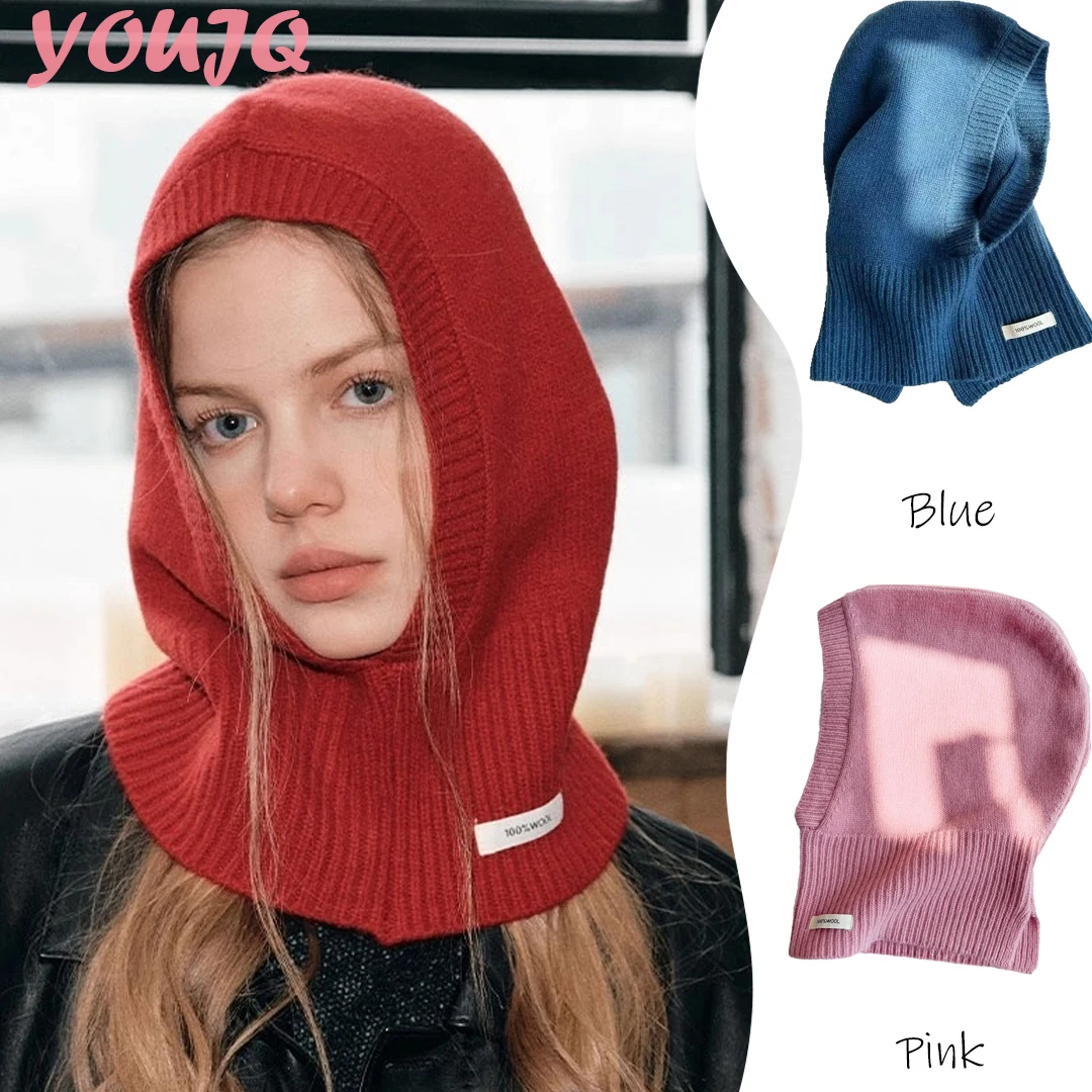 100% Wool Knitted Hooded Caps Winter Balaclava Hats for Women Korean Outdoor Warmer Soft Cashmere Men Neck Collar Beanies Cap