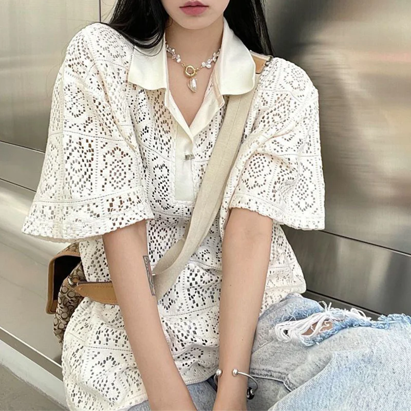 Spring Trend Buttons Hollow Out Turn-down Collar Blouse Femme Femme Patchwork Perspective Buttons Pullovers Femme Korean Top Tee