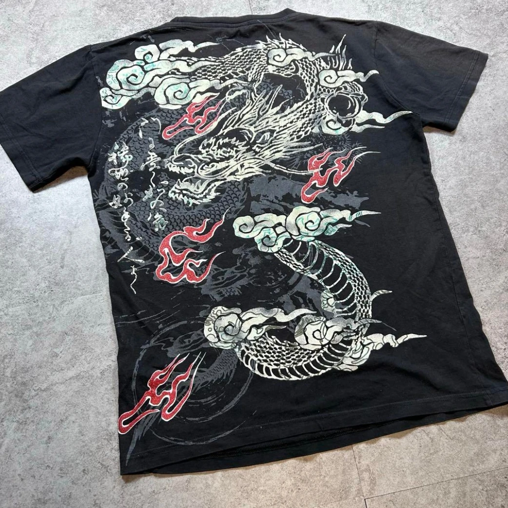 Japanese Y2K Retro Dragon Pattern Family Matching T Shirts Summer Pure Cotton Short Sleeve Parent Kids Harajuku Streetwear Tops