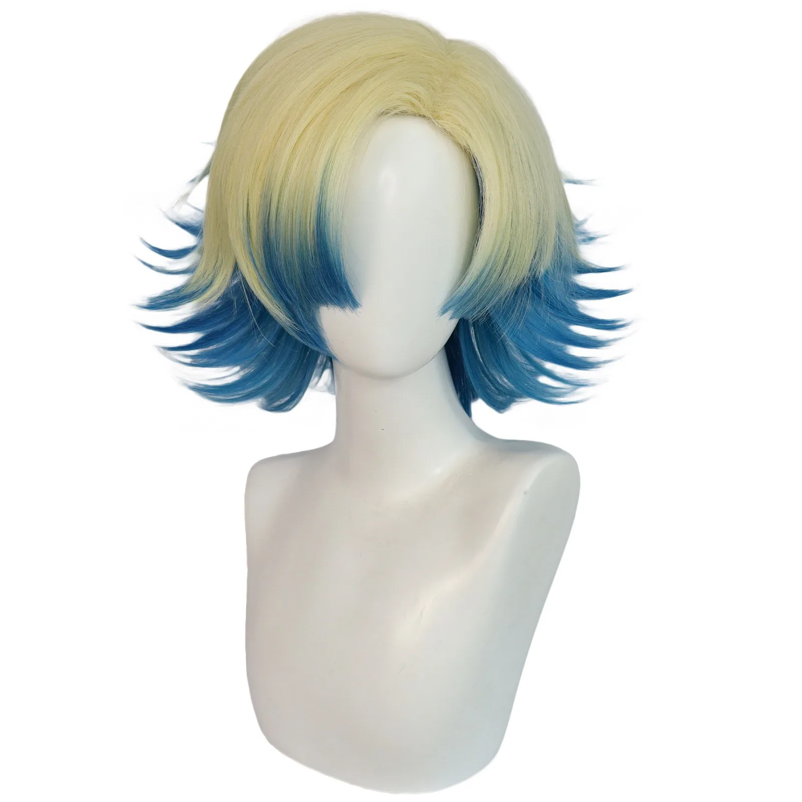 Fashion Men's Short Wig Gradient Blue Hair Synthetic Wig With Bangs Men Ladies Boys Cosplay Costume Anime Halloween