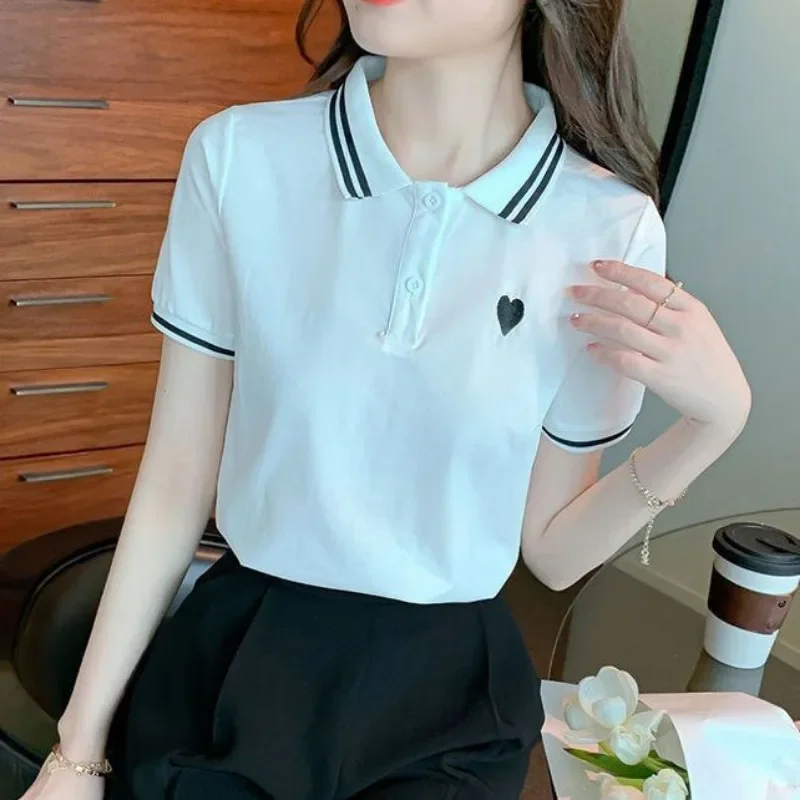 Polo Neck Shirt for Women 100℅ Cotton White Woman T Plain Polyester Youthful Elegant Synthetic High Quality in Trend 2024 Youth