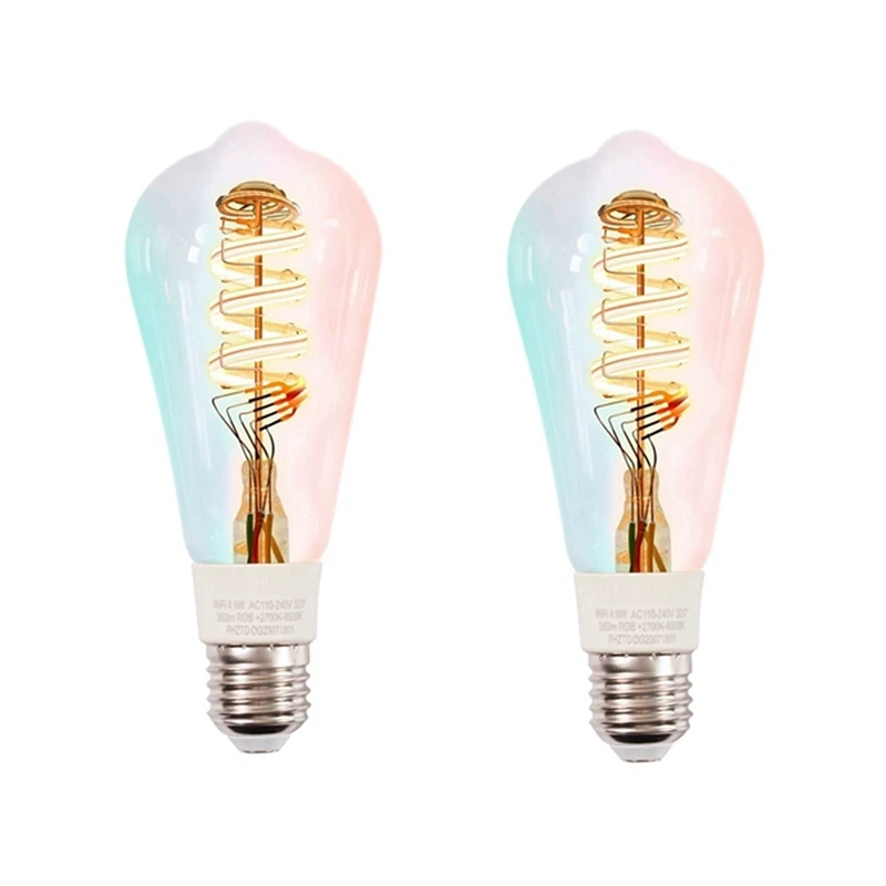 A69F-2Pcs Tuya Smart Wifi Bulbs ST64  LED Light 16 Million RGB Color Changing 2700K-6500K Dimmable For Google Home