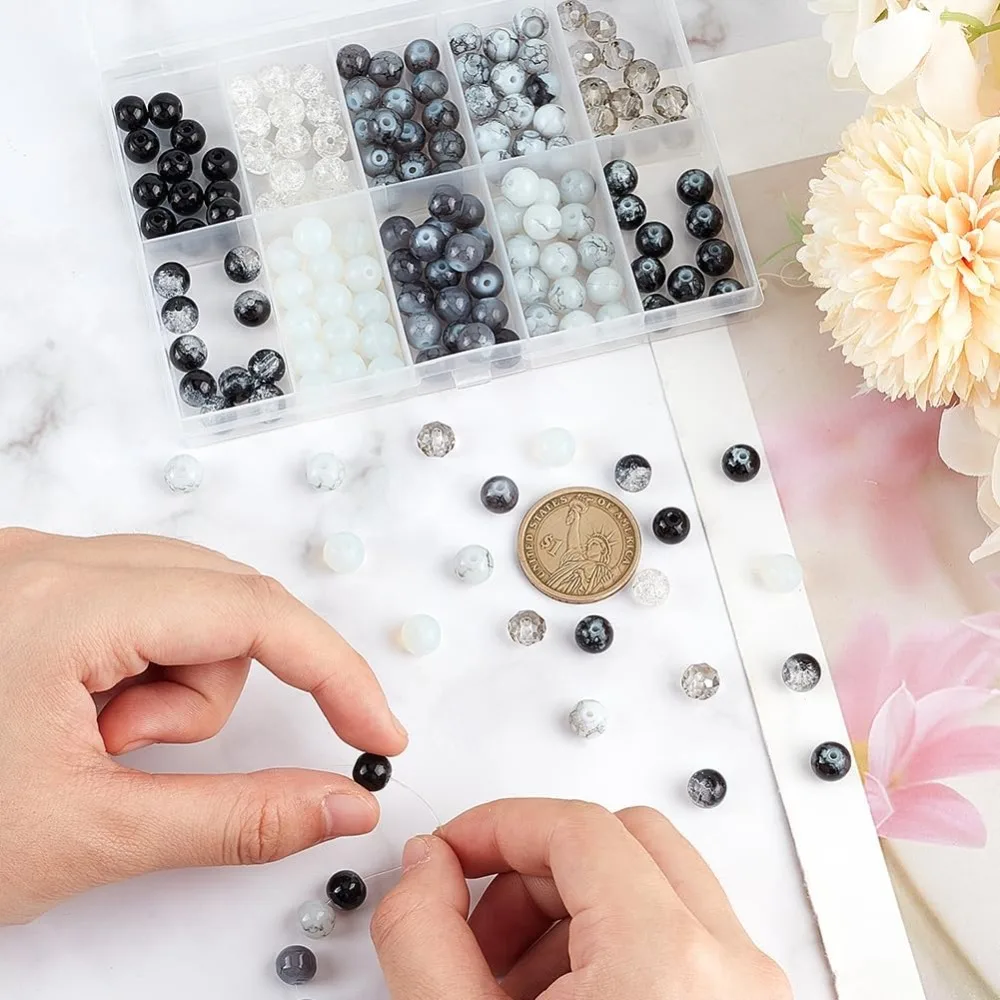 200Pcs 10 Styles 8mm Glass Beads Bulk Black and White Beads Small Round Transparent Crackle Faceted Space for Jewelry making kit