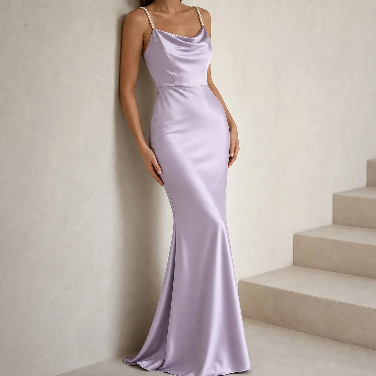 Elegant Pearl Strap Satin Mermaid Evening Gown Cowl Neck High Waist Slim Fit Wedding Guest Prom Cocktail Party Long Dress