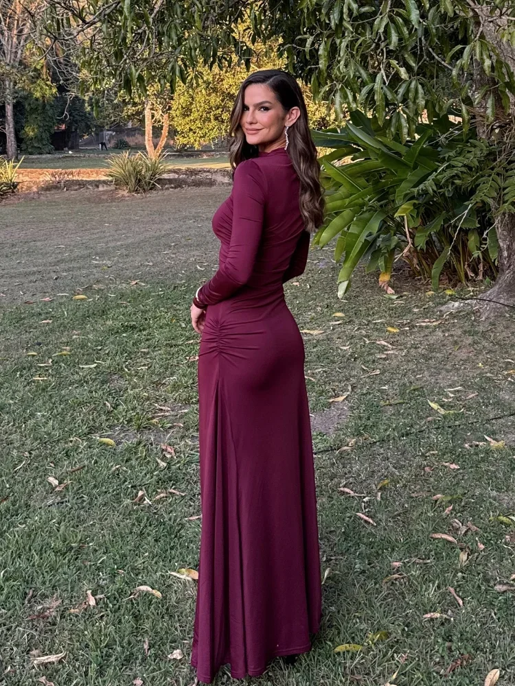 Burgundy Bodycon Pleated Long Dress Elegant Full Sleeve High Neck Maxi Dresses Fashion Slim Robes 2024 New Lady Evening Gown