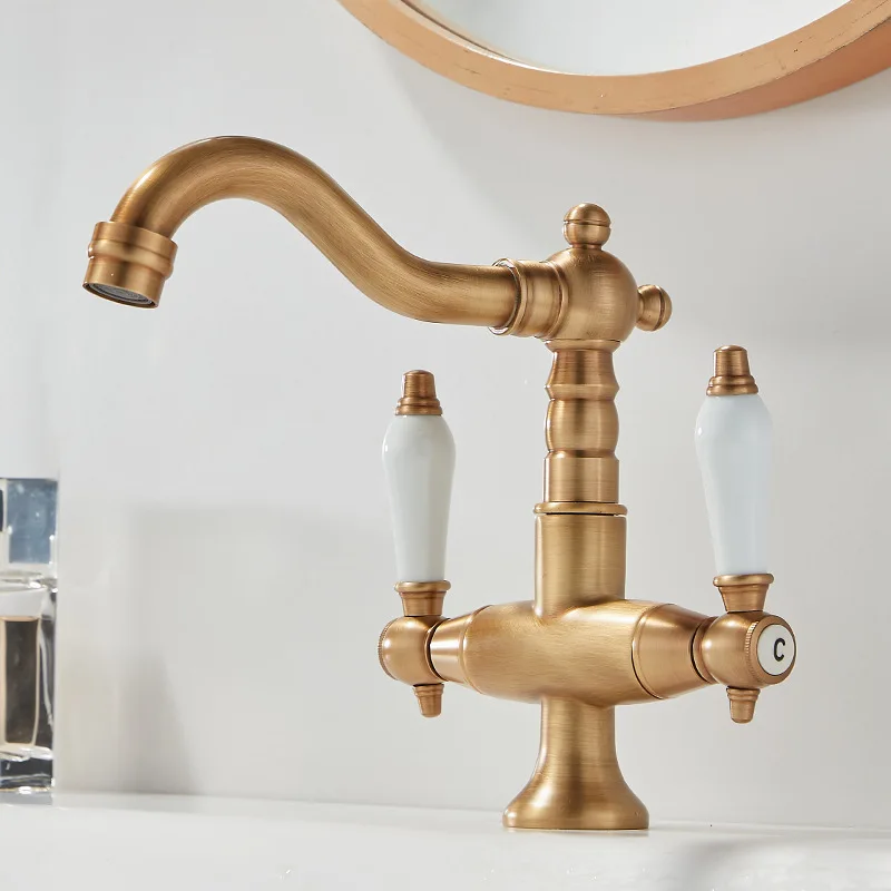 

Antique Basin Faucets Gold Brass Bathroom Faucets Industrial Style Sindle Hole Dual Handle Contemporary Water Mixer Tap 85537