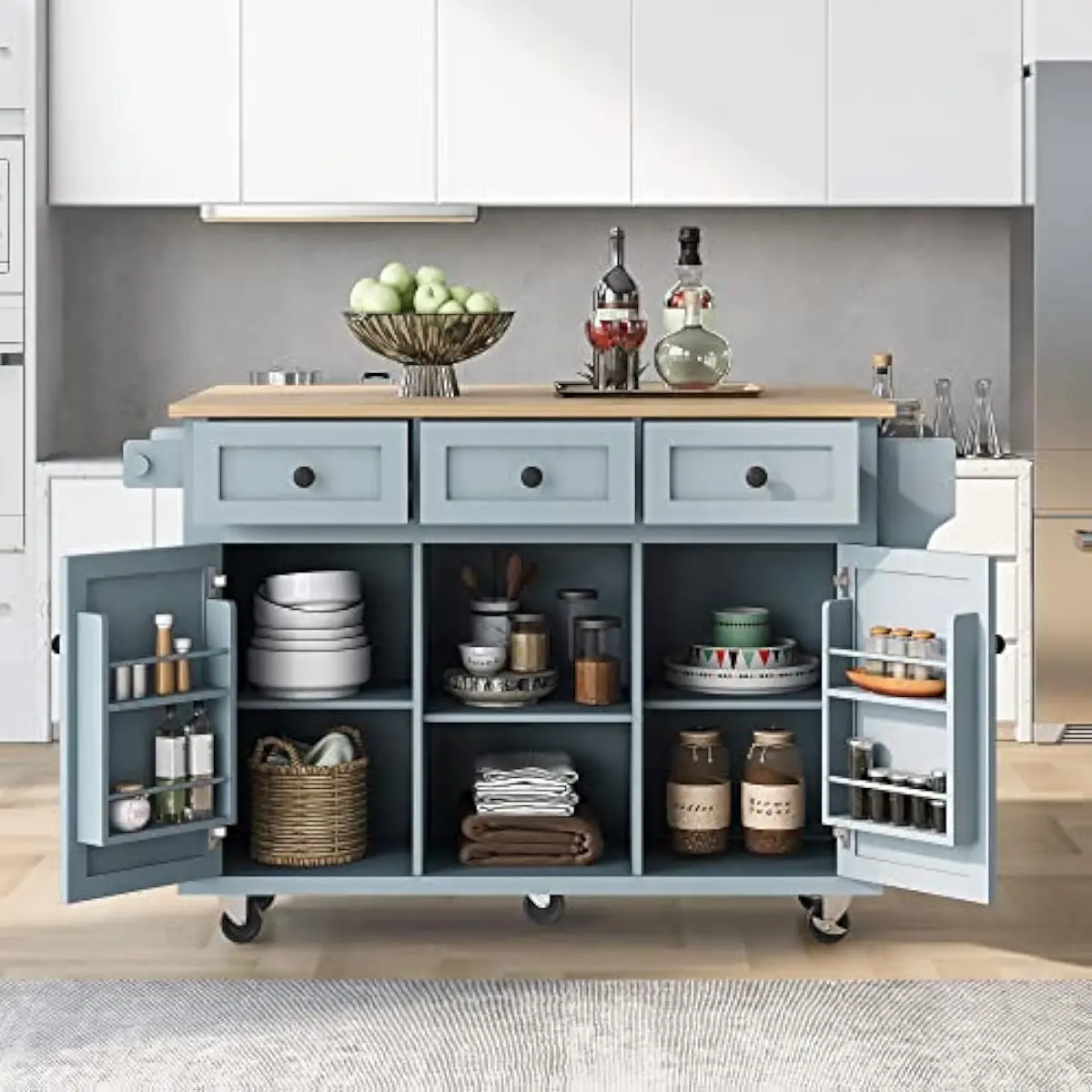 Rolling Kitchen Trolley with Expandable Rubberwood Countertop Foldable Leaf for Extra Prep Space 3 Smooth-Drawers Cubby Storage
