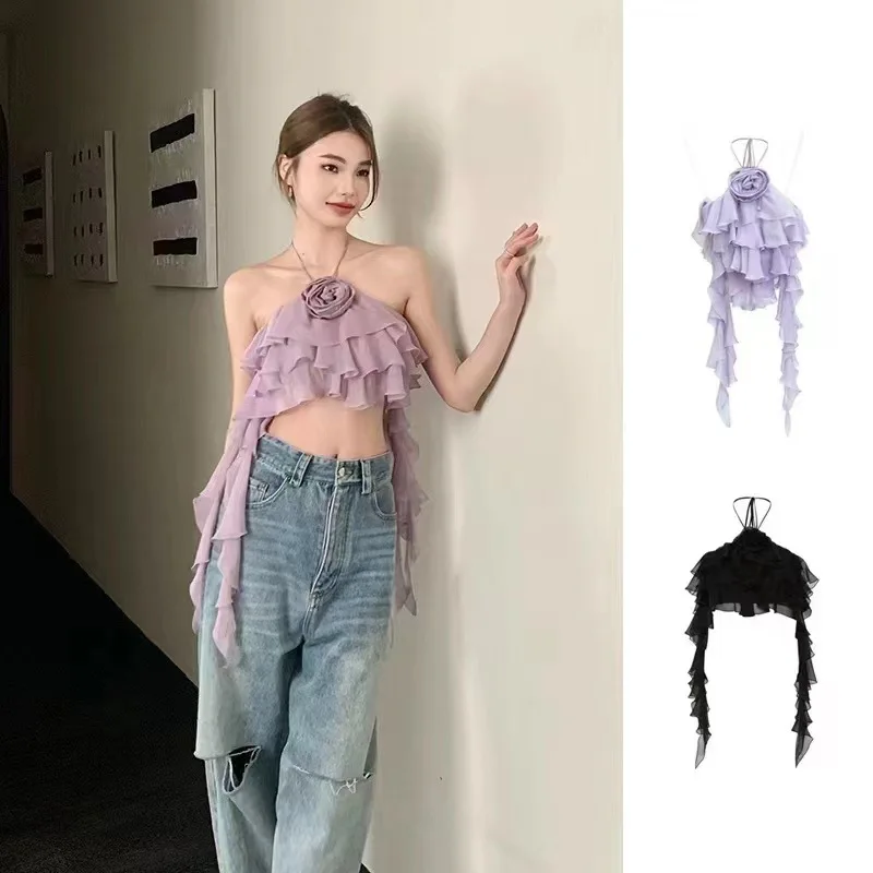 

Женская модная одежда для взрослых по индивидуальному заказу, летняя романтическая цветочная кисточка, висящая шея, подтяжки, сексуальный жилет, короткий топ, кружевная одежда