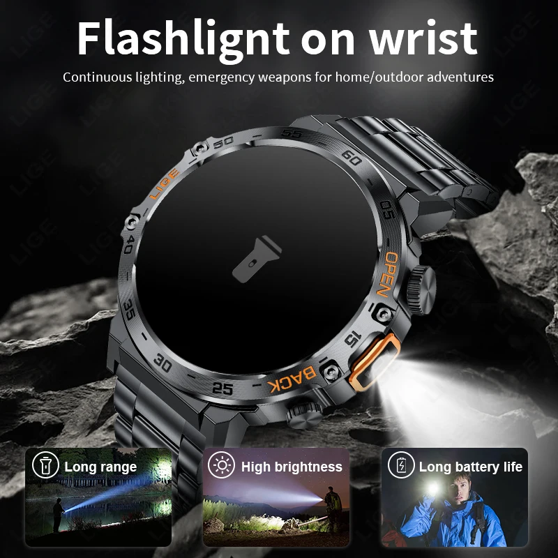 LIGE Smart Watch Men 360*360 AMOLED HD Screen Waterproof Sport Fitness Watches Flashlight New Men Smartwatch For Andrio IOS 2025