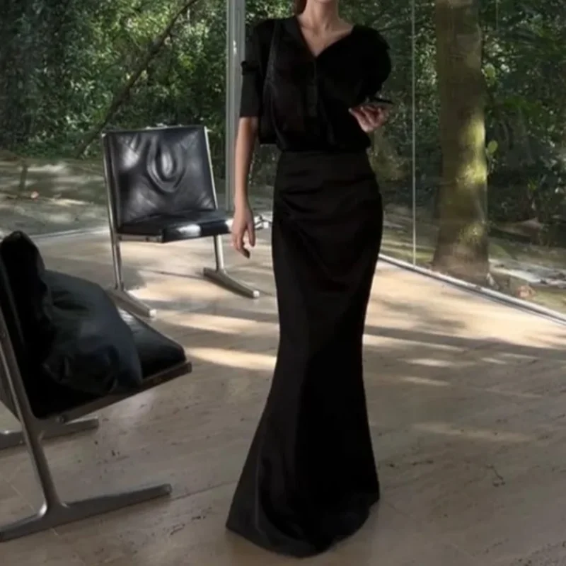 Maxi Mature Slit Female Outfits Short Sleeve Women's Two Piece Set Long Commuting Party Sexy Y2k Streetwear Clothes Vintage Full