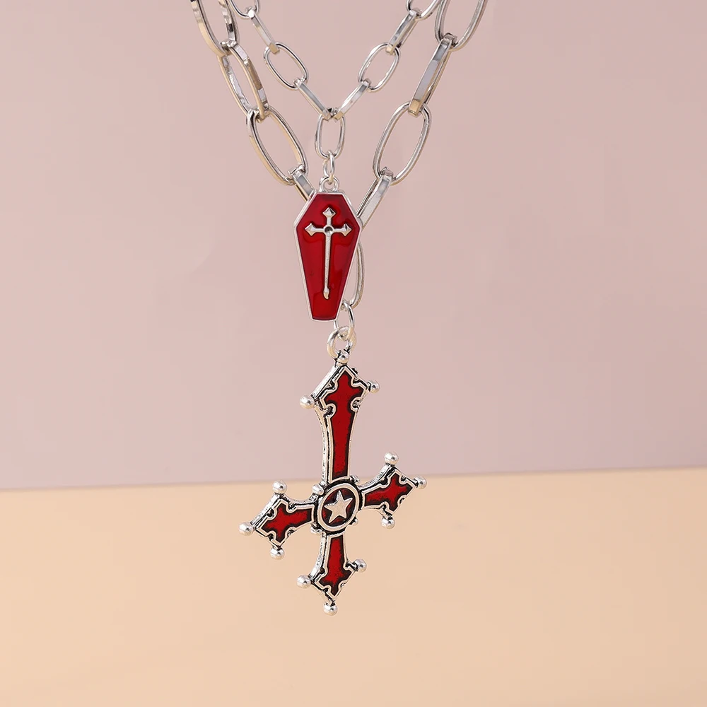 Aihua Vintage Blut Rot Farbe Gothic Invertiert Kreuz Anhänger Halsketten für Frauen Punk Stil Kreuz Choker Halsketten Schmuck – Detail 5