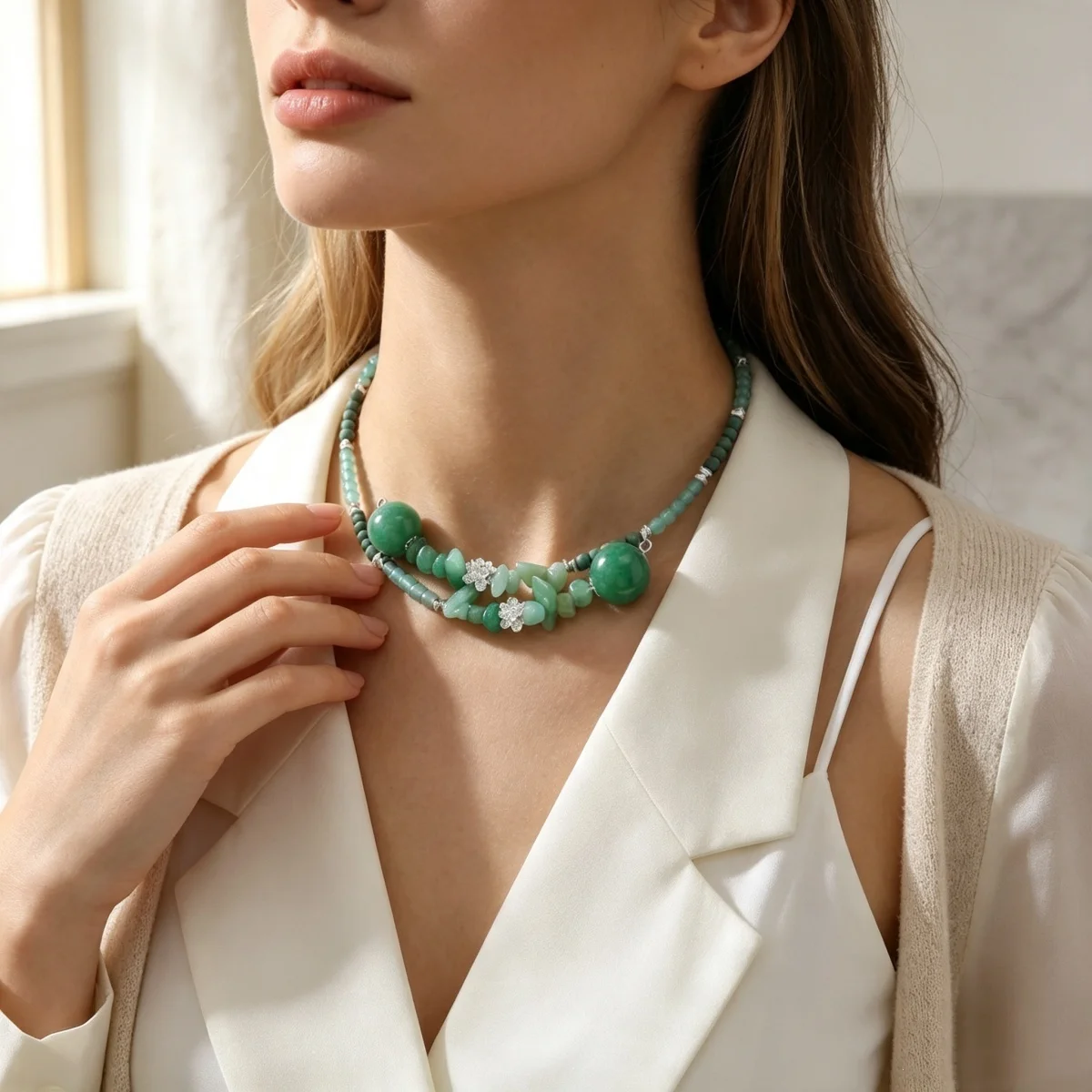 Vintage Ethnische Grüne Naturstein-Halskette mit Unregelmäßigen Perlen für Frauen und Männer, Chinesischer Stil, Silberfarbener Lotusblumen-Choker Schmuck – Detail 10