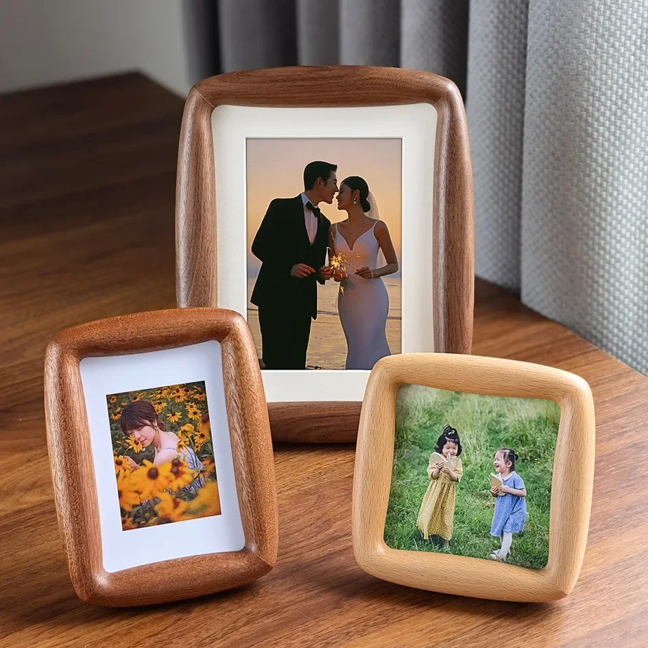 Solid Wood Black Walnut/Sapele Photo Frame Mortise and Tenon Round Corner Beech Picture Frame Couple Display Stand Home Decor