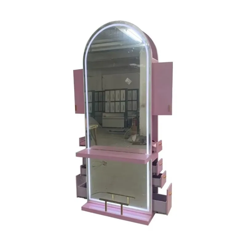 Large full body styling hair salon furniture pink hair makeup LED beauty salon mirror