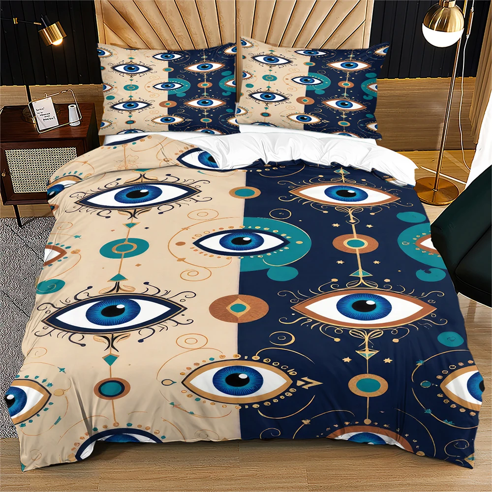 Evil Eye Duvet Cover Set Vintage Boho Mystic Bedding Set Microfiber Quilt Cover Bohemian Spiritual Eye Pattern Duvet Cover Set