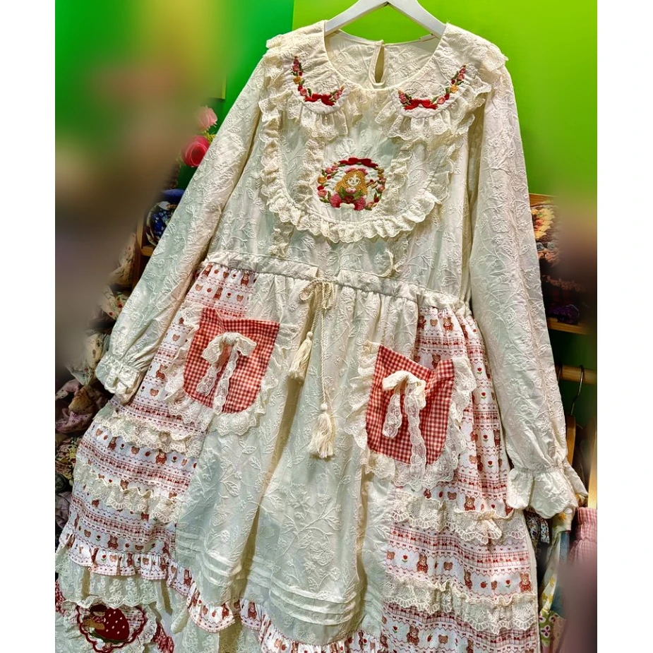 

Mori Girl Cotton Ruffled Lace Sweet Cartoon Lolita Midi Dress for Women Vintage Victorian Rococo Patchwork Autumn Long Dress