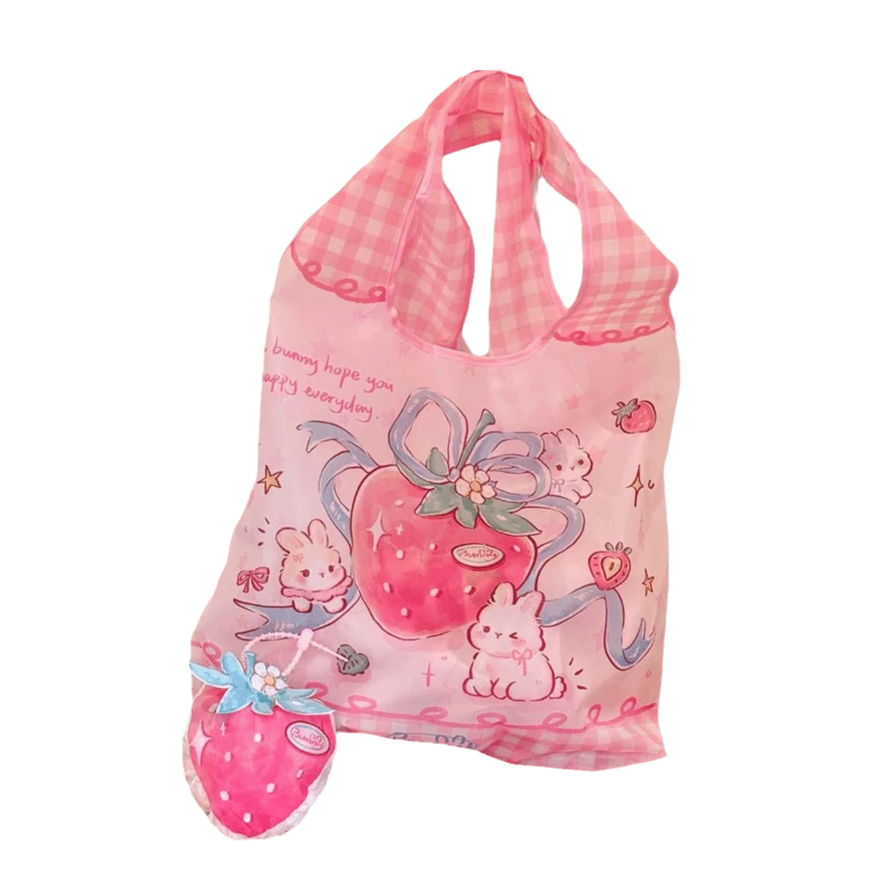 Kawaii Foldable Keychain Bag Fruit Shape Strawberry Cartoon Shopping Bag Pendant Large Capacity Sweet Girls