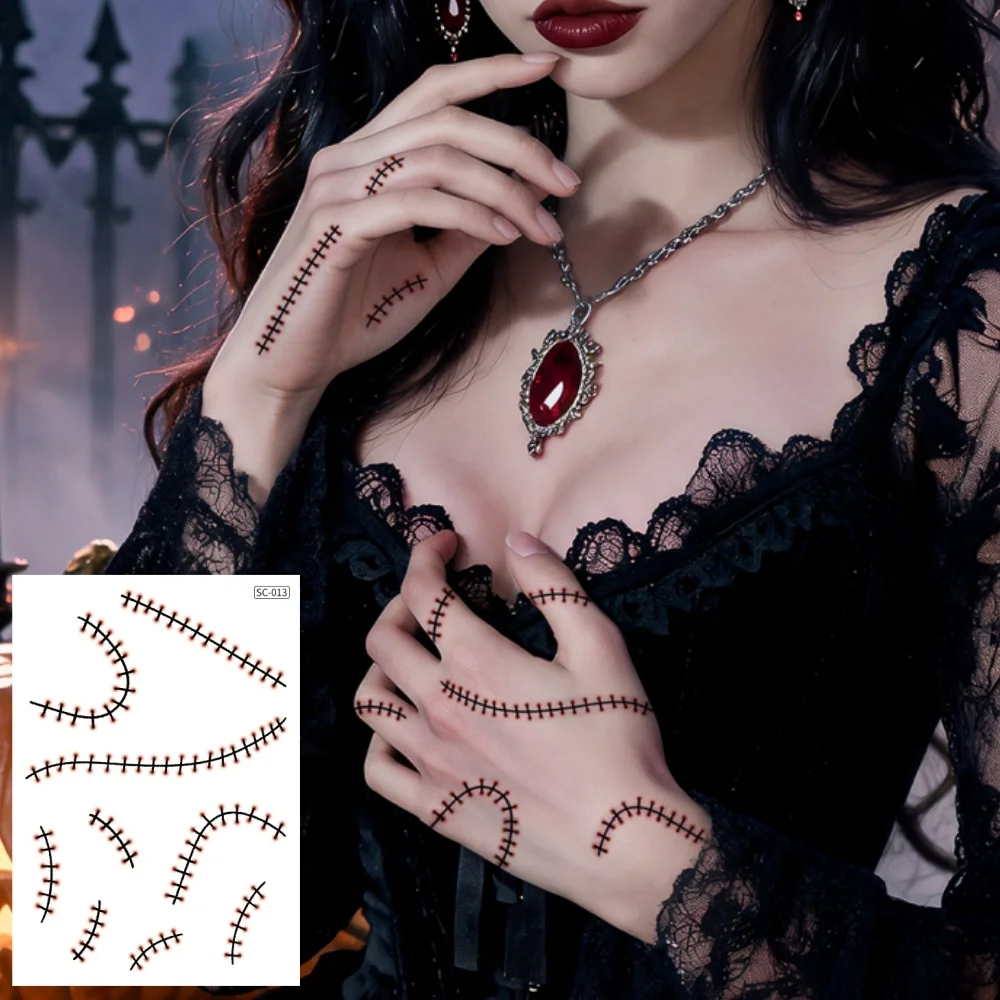1 Sheet Halloween Temporary Tattoo Sticker, Non‑Reflective Realistic Stitch Suture Line Fake Tattoo, Waterproof Face Hand & Body