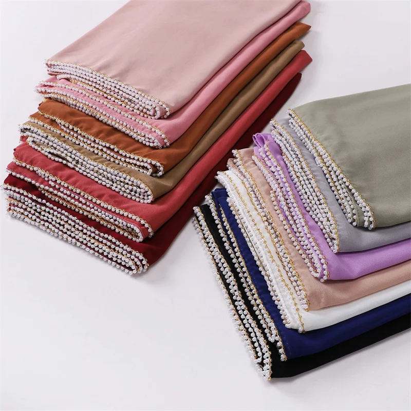 Luxusmarke Perlenkette Blase Chiffon Hijab Schleier Ramadan lange Halskette Schal Schal Kopftuch Bufandas muslimischen Stirnband 175*70cm