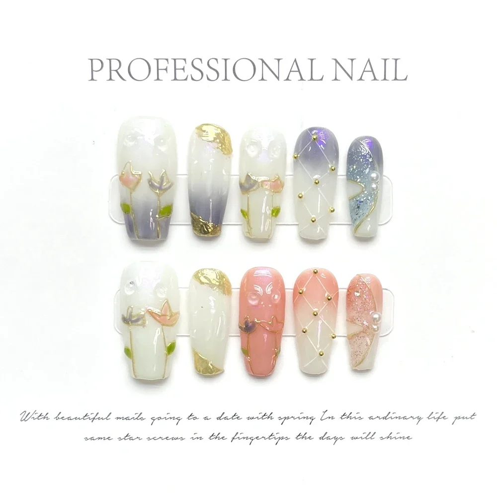 

Handmade Luxury Press on Nails with Flower Design Reusable False Nail with Glue Wearable Detachable Full Cover Nail Tip Manicure