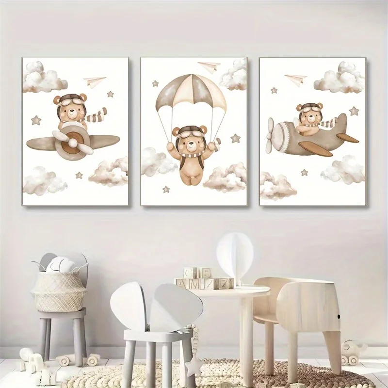 （NoFrame 3PCS）-2D Flat, 2D Flat, 2D Fiat, a Set of Three Pilot Teddy Bear Canvas Posters, Parachute Airplane Bear Wall Art, U