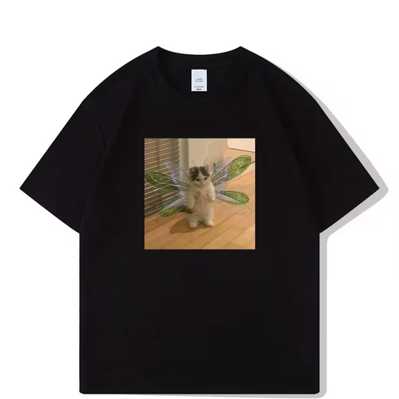 Fairy Cat Graphic Tee Casual Summer Fashion Short Sleeve Crew Neck Machine Washable Soft Eco Friendly Unisex Casual Tops