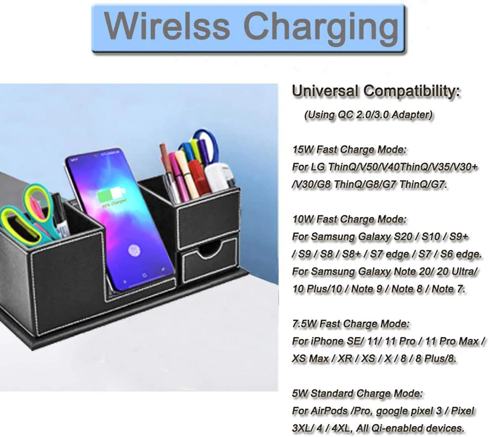 Desktop Draadloze Telefoon Oplader Organizer, Bureau Potlood Houder Pen Cup Opslag Met Qi Charging Station Dock