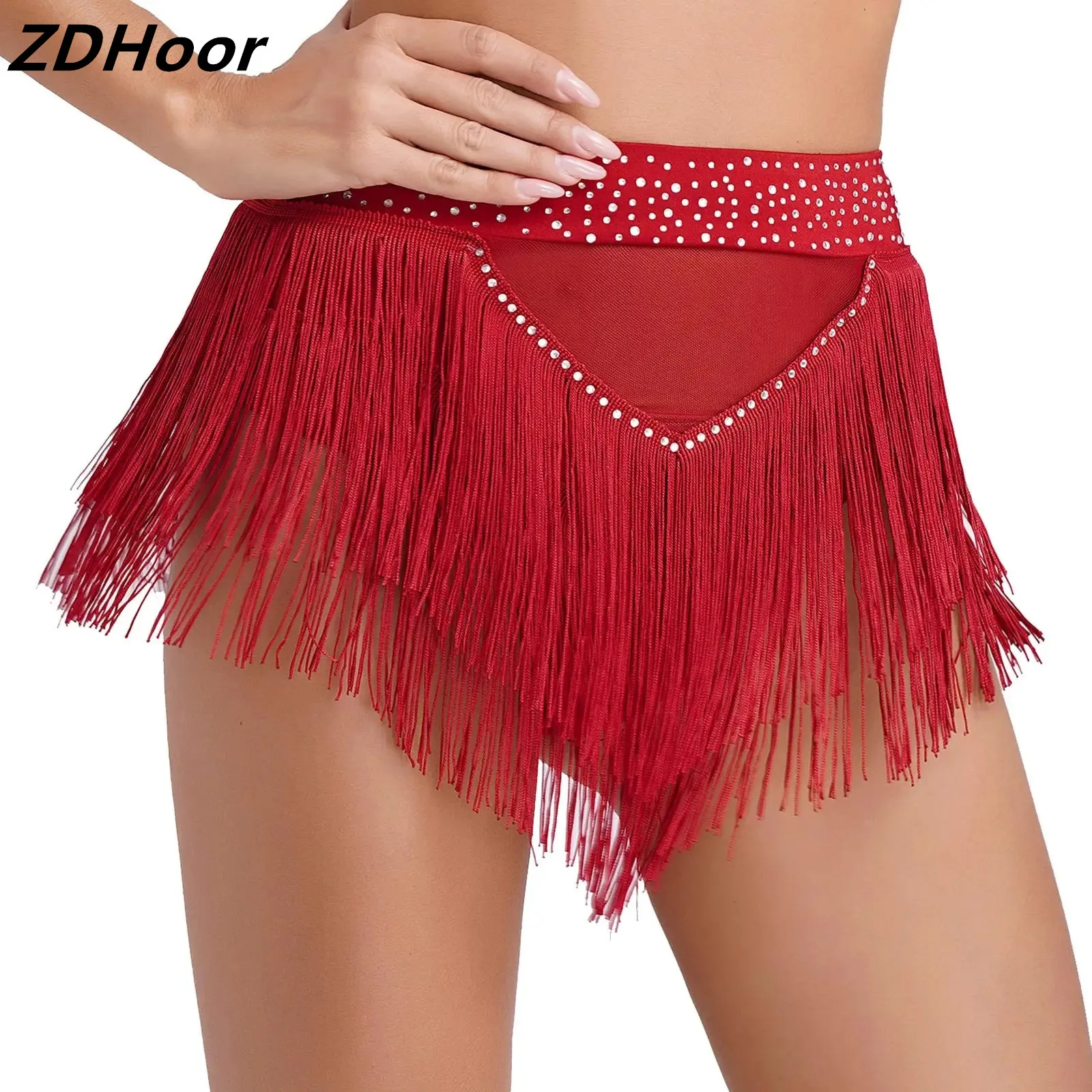 

Womens Tassel Belly Dance Shorts Shiny Rhinestone Bottoms High Elastic See Through Mesh Briefs Underwear Samba Dancewear