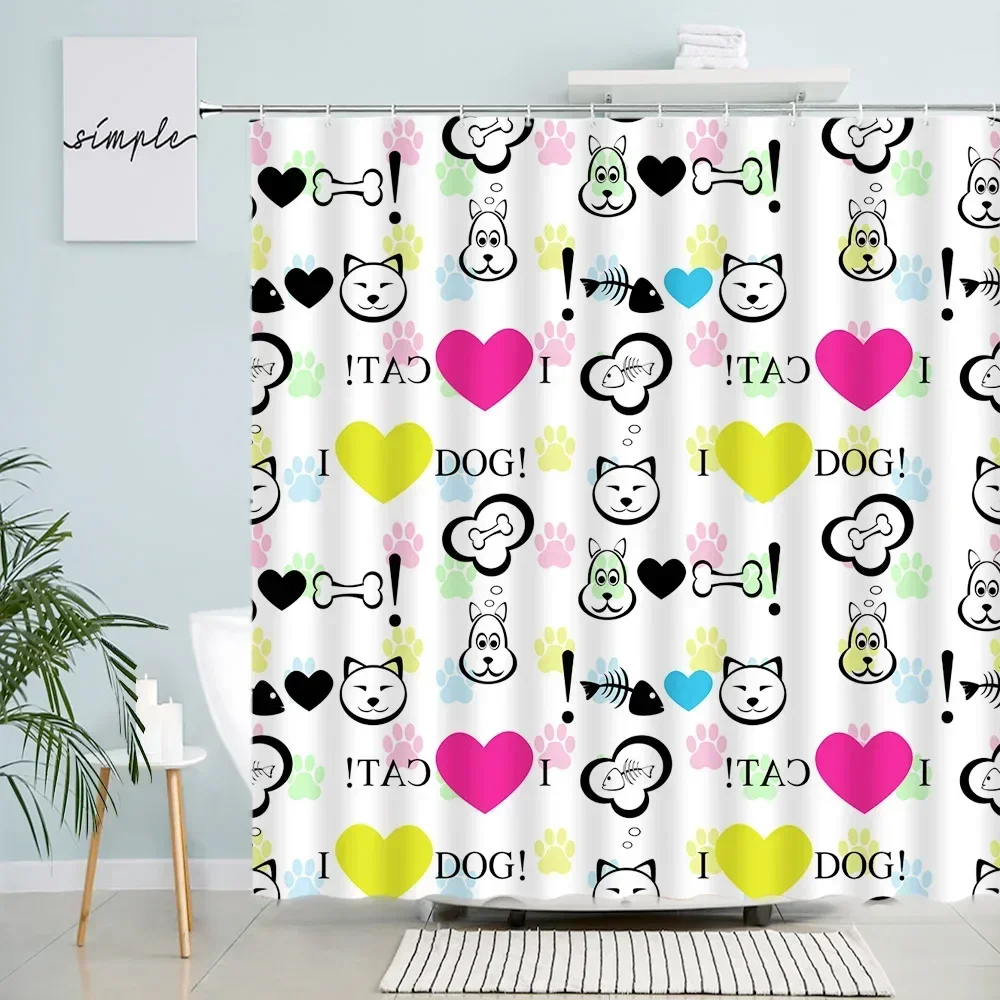 Cartoon Cat Dog Shower Curtain Set Cute Animals Love Heart Bone Creative Bath Curtains Fabric Children Bathroom Decor With Hooks