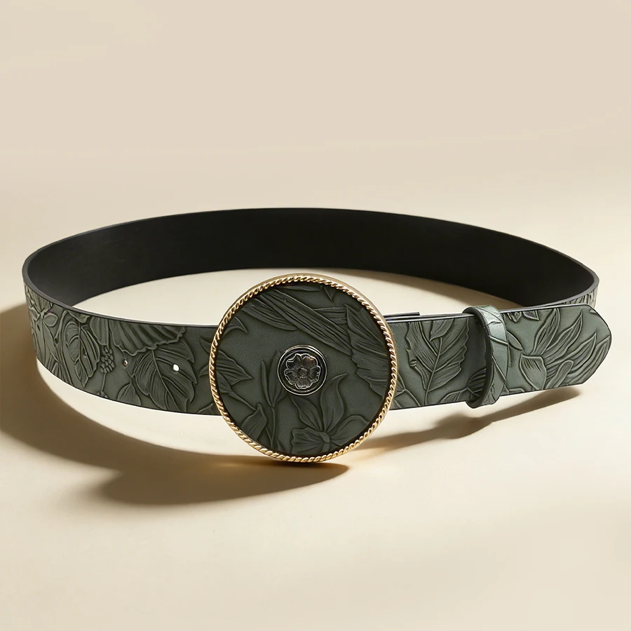 Vintage Green Embossed Belt Round Flower Buckle Unisex Waistband Retro Fashion Decorative Accessory