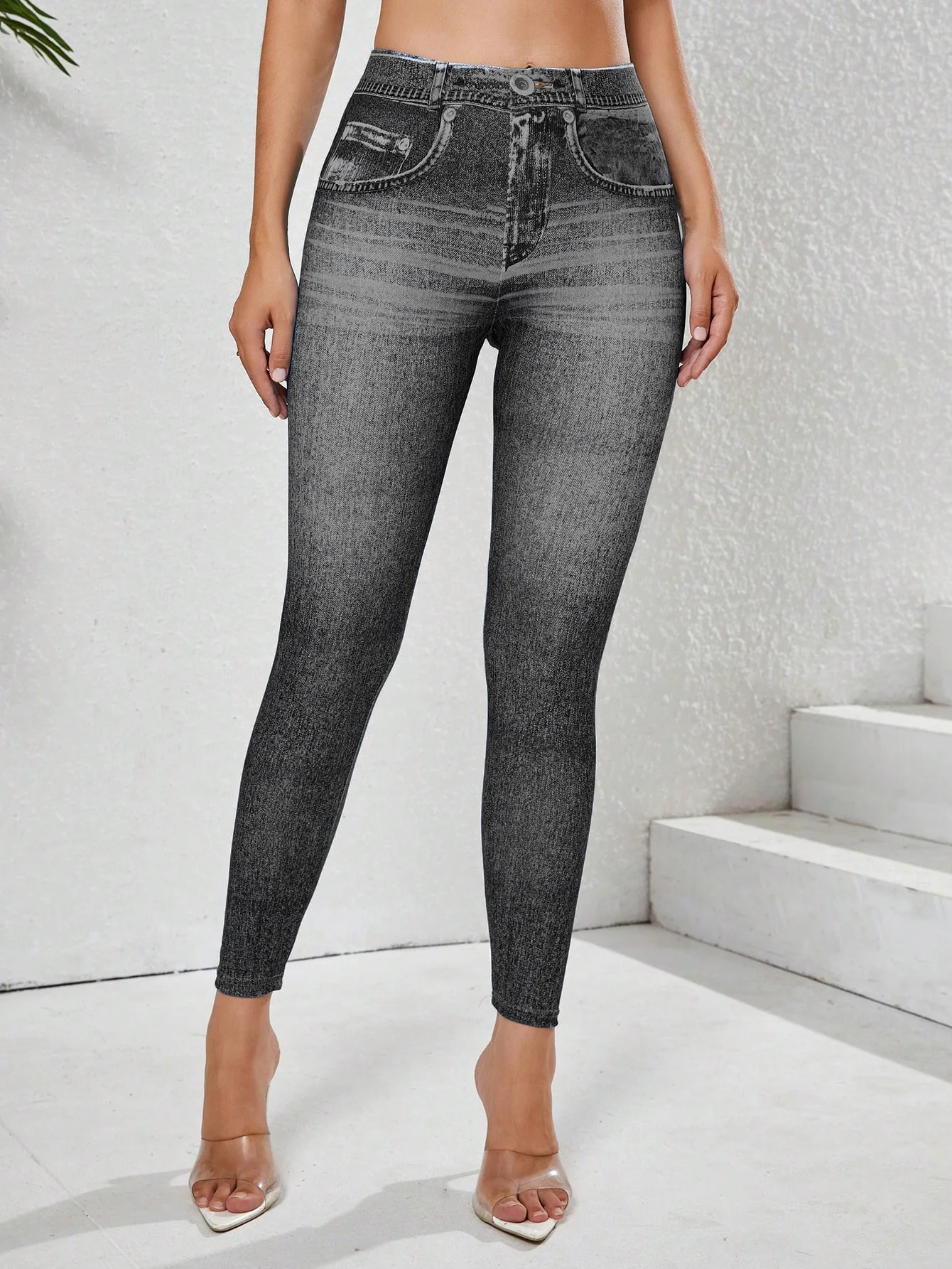 Damen-Leggings aus Denimimimimimitat mit Taschen, hoch dehnbar, bequem, Bauchkontrolle, Fitness, Fitnessstudio, Yoga, Alltagskleidung – Detail 12