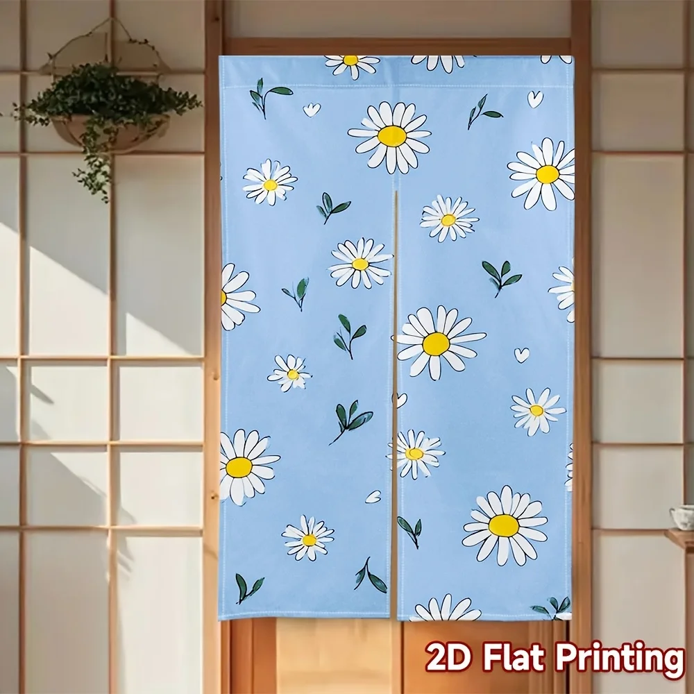 Blue Daisy Noren Curtain – White Flower Pattern, Light Blue Background, Rod-Free Hanging, for Entryway or Bedroom Decor