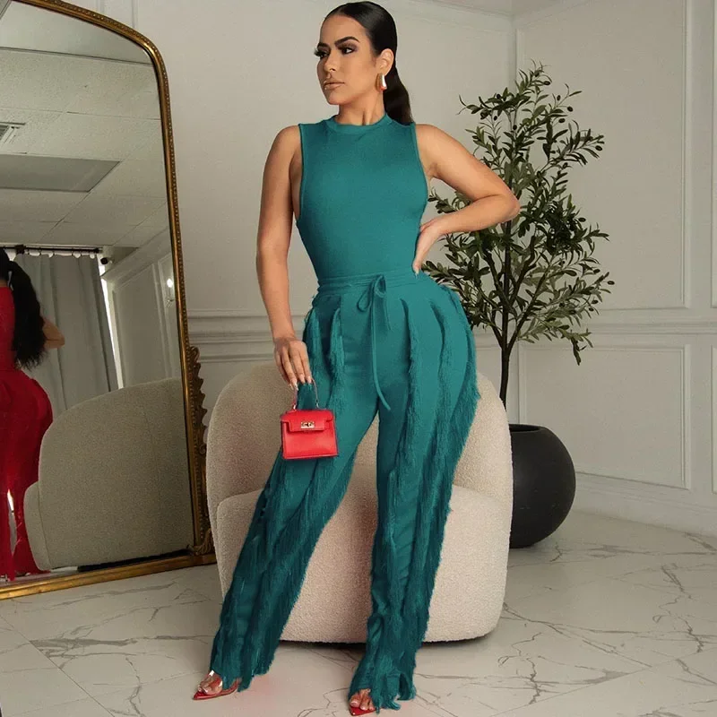 Elegante Arbeitskleidung Zweiteiliges Set Damen Sommer Outfits Ärmelloses Top und Quasten Hosenanzüge Bürodame Business Passende Sets
