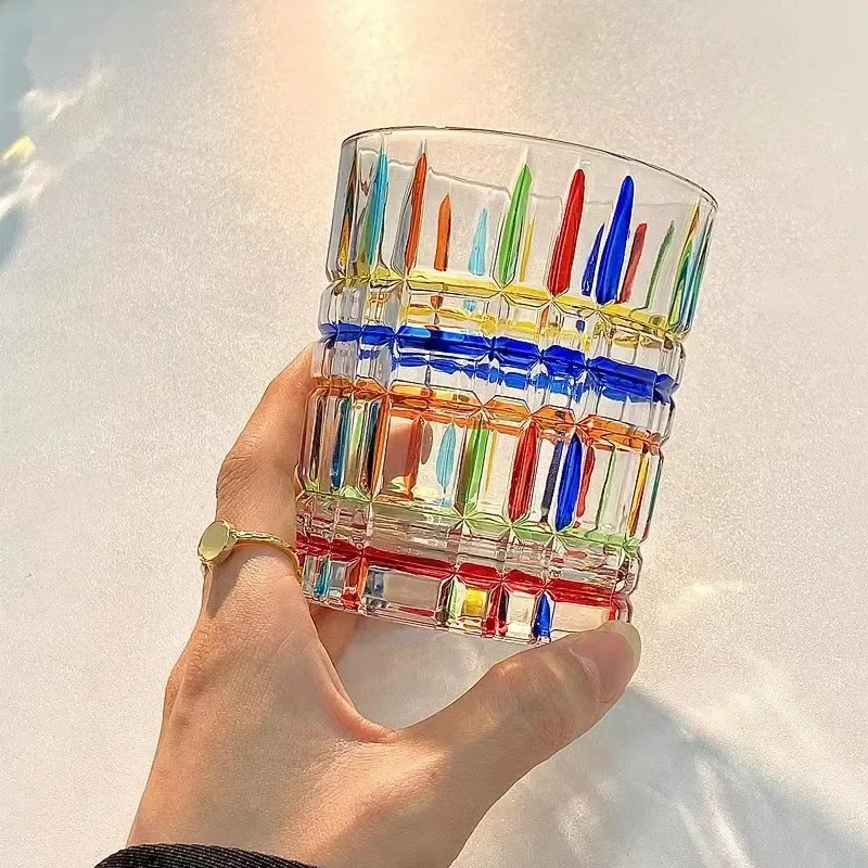 Coulorful Crystal Glass Cups Lines Hand-Painted Woven Stained Glass Whiskey Glass European Style Vintage Glassware Juice Cup