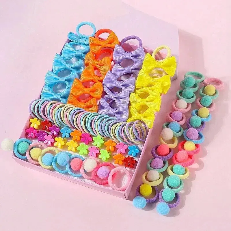 120PCS Hair Accessories Set For Girls Colorful Bowknot Hair Band Children Ponytail Holder Hair Ties Kids Elastic Rubber Bands