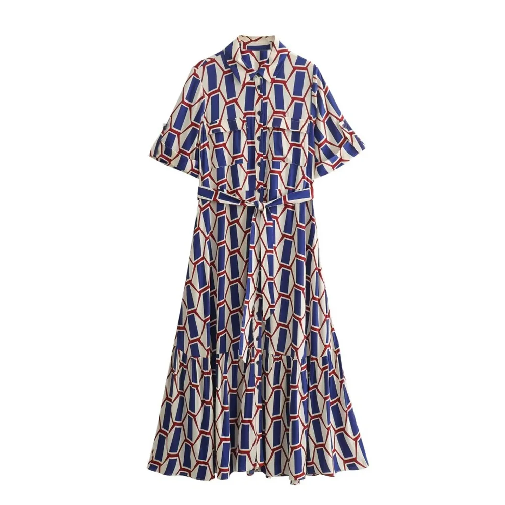 2024ZARSpring/Summer New Women's European and American Style Geometric Print Bow Belt Mid length Dress