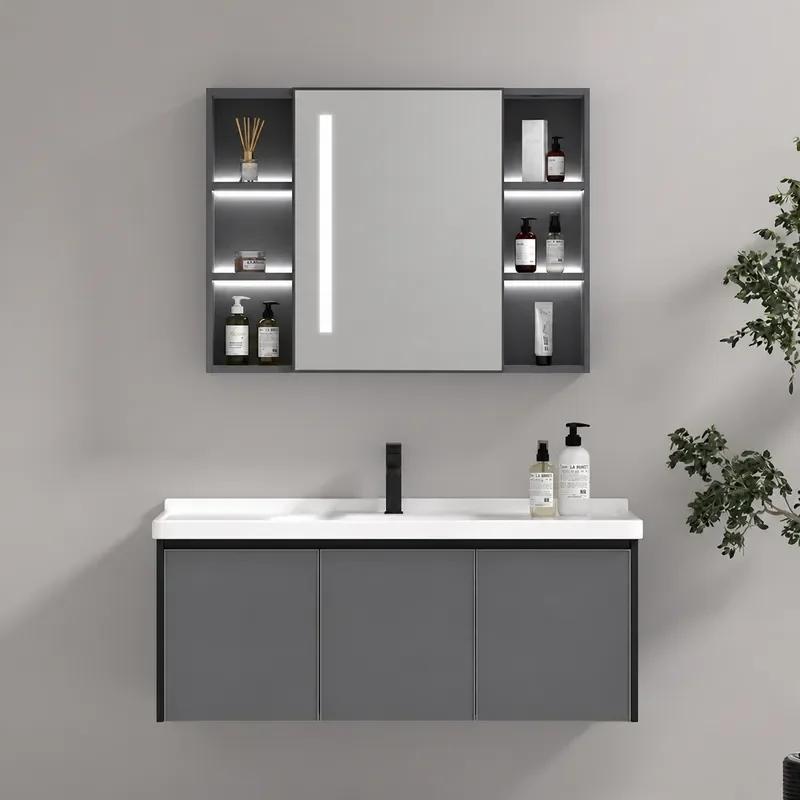 Space Aluminum Bathroom Cabinet with Ceramic Integrated Basin Wall Mounted Vanity Unit Washbasin Combo for Modern Toilet