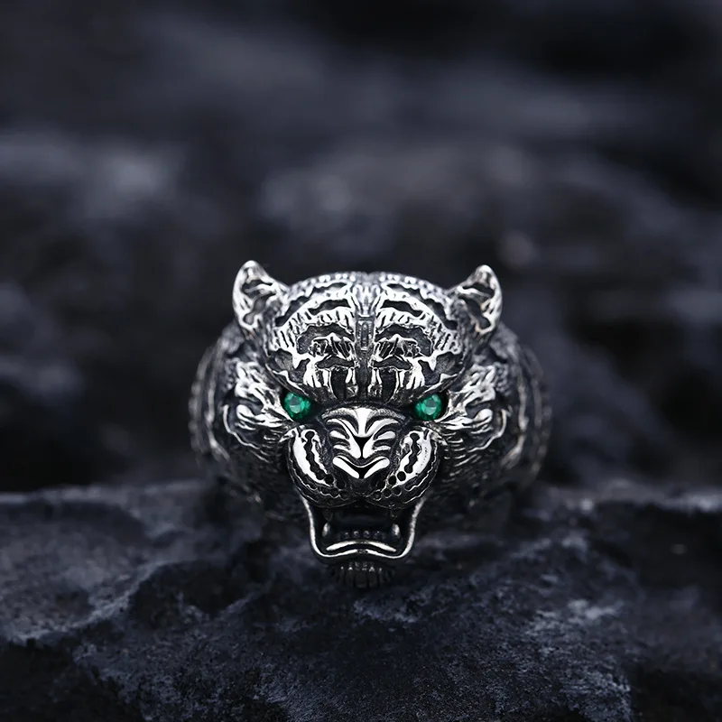 

925 sterling silver leopard head ring men open ring thai silver retro distressed stylish jewelry