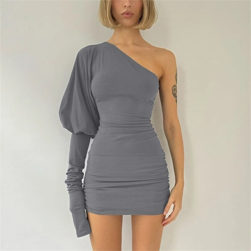 Women Sexy One Shoulder Lantern Sleeve Ruched Bodycon Mini Dress