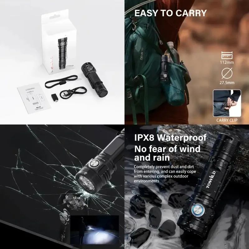 

TOWILD BC10 EDC Flashlight Portable Rechargeable 4000lm IPX8 High Power Led Flashlight 21700 Torch For Camping Outdoor