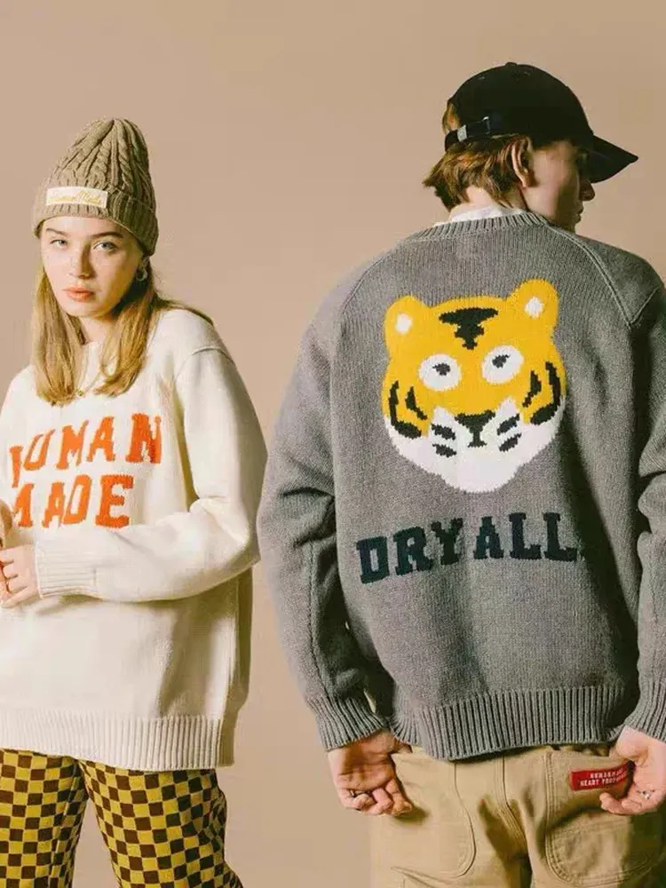 HUMAN MADE Tiger Graphic Knit Sweater Crew Neck Loose Fit Unisex Couple Cotton
